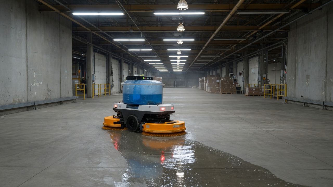 Autonomous floor scrubber with a round deck cleaning a factory aisle
