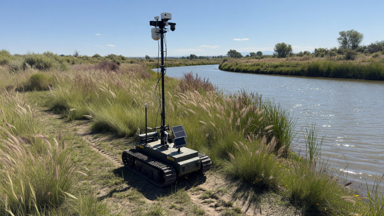 Tracked robot with a camera mast on a grassy riverbank
