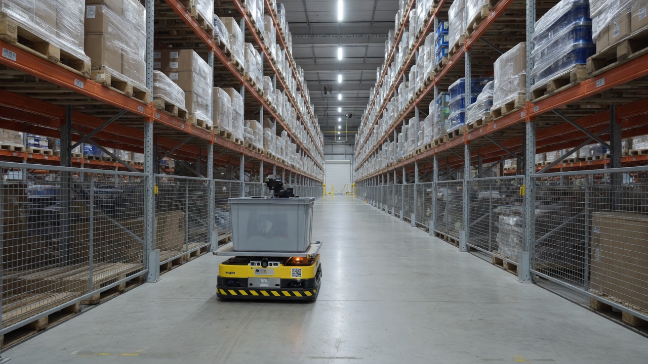 Autonomous mobile robot carrying a tote between warehouse racks